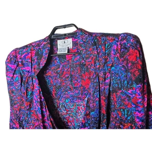 Vtg 80s Flora Kung New York Silk Wrap Blouse Abstract Print Shoulder Pads Sz 14 - Picture 3 of 7